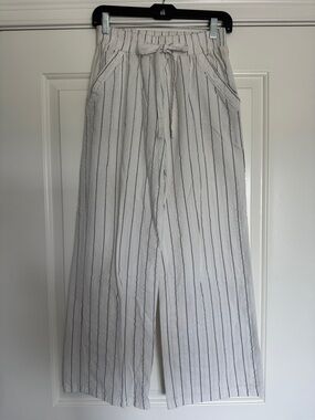 Sienna Sky White Wide-Leg Linen-Blend Pants with Black Pinstripes